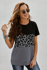 Leopard Print Color Block Short Sleeve T-Shirt - SHE BADDY© ONLINE WOMEN FASHION & CLOTHING STORE