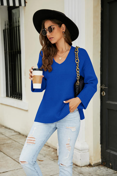 Drop Shoulder V-Neck Knit Pullover - SHE BADDY© ONLINE WOMEN FASHION & CLOTHING STORE