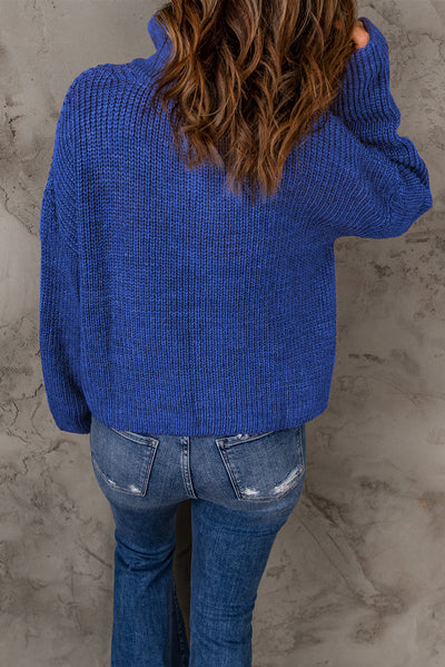 Half Zip Rib-Knit Dropped Shoulder Sweater - SHE BADDY© ONLINE WOMEN FASHION & CLOTHING STORE