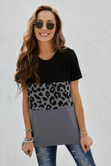 Leopard Print Color Block Short Sleeve T-Shirt - SHE BADDY© ONLINE WOMEN FASHION & CLOTHING STORE