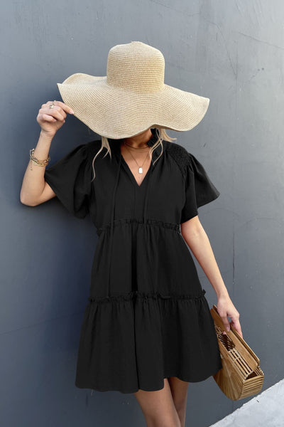 Frill Trim Smocked Tie Neck Dress - SHE BADDY© ONLINE WOMEN FASHION & CLOTHING STORE