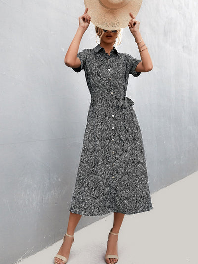 Printed Tie Waist Short Sleeve Shirt Dress - SHE BADDY© ONLINE WOMEN FASHION & CLOTHING STORE