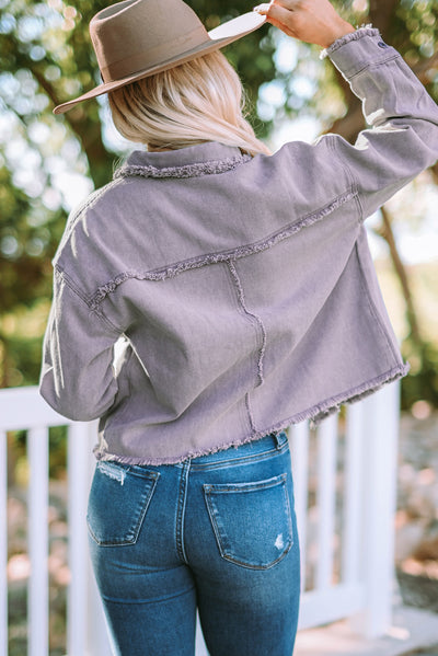 Frayed Trim Snap Down Denim Jacket - SHE BADDY© ONLINE WOMEN FASHION & CLOTHING STORE