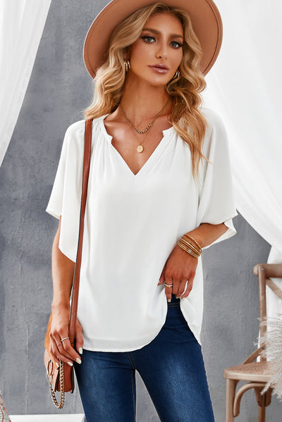 Gathered Detail Notched Neck Flutter Sleeve Top - SHE BADDY© ONLINE WOMEN FASHION & CLOTHING STORE