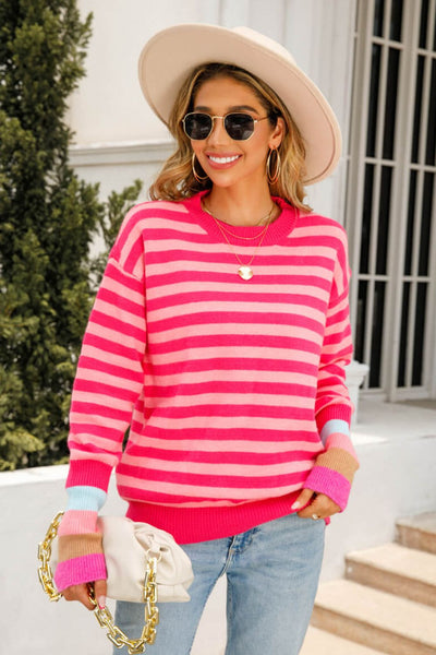 Warm Spice Striped Round Neck Sweater - SHE BADDY© ONLINE WOMEN FASHION & CLOTHING STORE