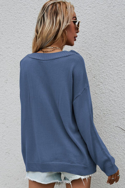 Button Detail Boat Neck Sweater - SHE BADDY© ONLINE WOMEN FASHION & CLOTHING STORE