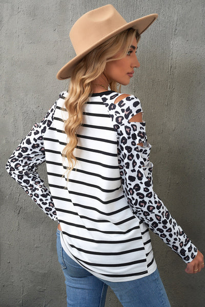 Leopard Print Striped Distressed Long Sleeve Tee - SHE BADDY© ONLINE WOMEN FASHION & CLOTHING STORE