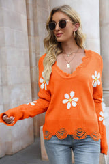 Flower Distressed Ribbed Trim Sweater - SHE BADDY© ONLINE WOMEN FASHION & CLOTHING STORE