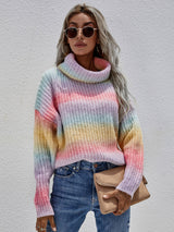 Rainbow Rib-Knit Turtleneck Drop Shoulder Sweater - SHE BADDY© ONLINE WOMEN FASHION & CLOTHING STORE