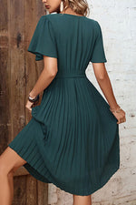 Buttoned V-Neck Flutter Sleeve Pleated Dress - SHE BADDY© ONLINE WOMEN FASHION & CLOTHING STORE
