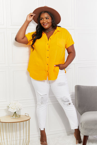 Zenana Full Size Summer Breeze Gauze Short Sleeve Shirt in Mustard - SHE BADDY© ONLINE WOMEN FASHION & CLOTHING STORE