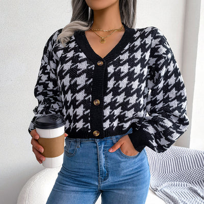 Houndstooth V-Neck Dropped Shoulder Cropped Cardigan - SHE BADDY© ONLINE WOMEN FASHION & CLOTHING STORE