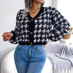 Houndstooth V-Neck Dropped Shoulder Cropped Cardigan - SHE BADDY© ONLINE WOMEN FASHION & CLOTHING STORE
