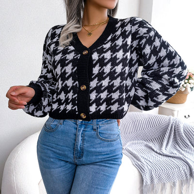 Houndstooth V-Neck Dropped Shoulder Cropped Cardigan - SHE BADDY© ONLINE WOMEN FASHION & CLOTHING STORE