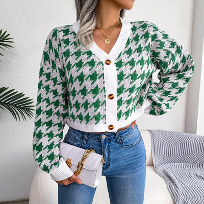 Houndstooth V-Neck Dropped Shoulder Cropped Cardigan - SHE BADDY© ONLINE WOMEN FASHION & CLOTHING STORE