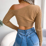 Mixed Knit One-Shoulder Cropped Sweater - SHE BADDY© ONLINE WOMEN FASHION & CLOTHING STORE