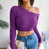 Mixed Knit One-Shoulder Cropped Sweater - SHE BADDY© ONLINE WOMEN FASHION & CLOTHING STORE