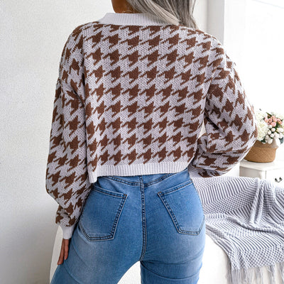 Houndstooth V-Neck Dropped Shoulder Cropped Cardigan - SHE BADDY© ONLINE WOMEN FASHION & CLOTHING STORE