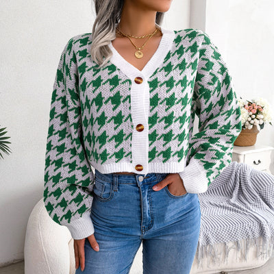 Houndstooth V-Neck Dropped Shoulder Cropped Cardigan - SHE BADDY© ONLINE WOMEN FASHION & CLOTHING STORE