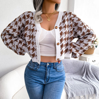 Houndstooth V-Neck Dropped Shoulder Cropped Cardigan - SHE BADDY© ONLINE WOMEN FASHION & CLOTHING STORE