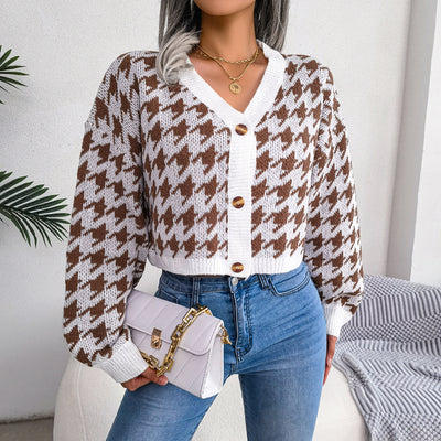 Houndstooth V-Neck Dropped Shoulder Cropped Cardigan - SHE BADDY© ONLINE WOMEN FASHION & CLOTHING STORE