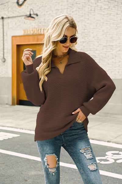 Horizontal Ribbing Johnny Collar Sweater - SHE BADDY© ONLINE WOMEN FASHION & CLOTHING STORE