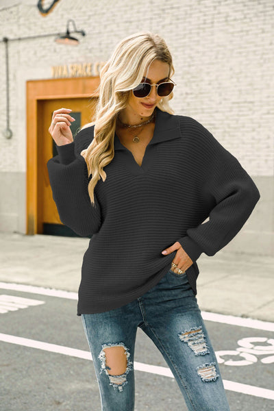 Horizontal Ribbing Johnny Collar Sweater - SHE BADDY© ONLINE WOMEN FASHION & CLOTHING STORE