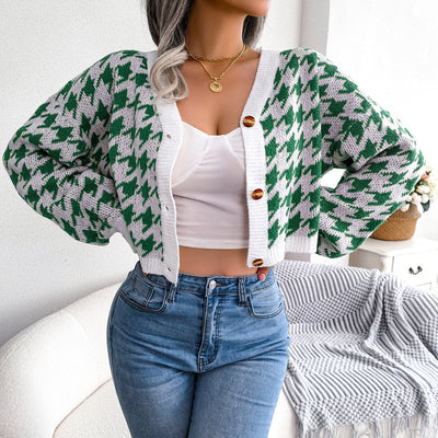 Houndstooth V-Neck Dropped Shoulder Cropped Cardigan - SHE BADDY© ONLINE WOMEN FASHION & CLOTHING STORE