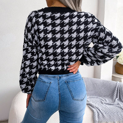 Houndstooth V-Neck Dropped Shoulder Cropped Cardigan - SHE BADDY© ONLINE WOMEN FASHION & CLOTHING STORE