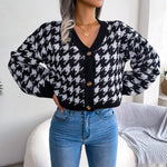 Houndstooth V-Neck Dropped Shoulder Cropped Cardigan - SHE BADDY© ONLINE WOMEN FASHION & CLOTHING STORE