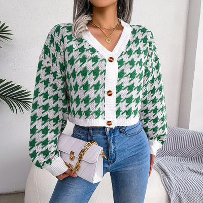 Houndstooth V-Neck Dropped Shoulder Cropped Cardigan - SHE BADDY© ONLINE WOMEN FASHION & CLOTHING STORE