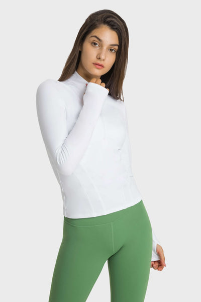 Half Zip Thumbhole Sleeve Sports Top - SHE BADDY© ONLINE WOMEN FASHION & CLOTHING STORE