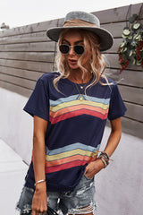 Multicolored Chevron Stripe Round Neck Side Slit T-Shirt - SHE BADDY© ONLINE WOMEN FASHION & CLOTHING STORE