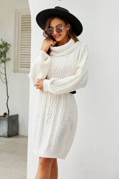 Mixed Knit Turtleneck Lantern Sleeve Sweater Dress - SHE BADDY© ONLINE WOMEN FASHION & CLOTHING STORE