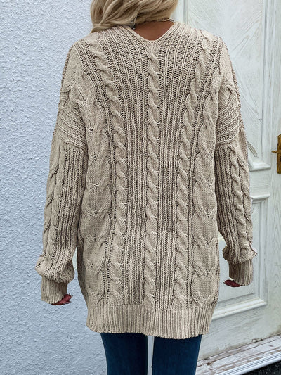 Cable-Knit Open Front Cardigan with Front Pockets - SHE BADDY© ONLINE WOMEN FASHION & CLOTHING STORE