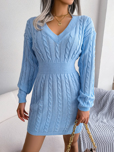 Cable-Knit V-Neck Mini Sweater Dress - SHE BADDY© ONLINE WOMEN FASHION & CLOTHING STORE