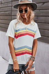 Multicolored Chevron Stripe Round Neck Side Slit T-Shirt - SHE BADDY© ONLINE WOMEN FASHION & CLOTHING STORE