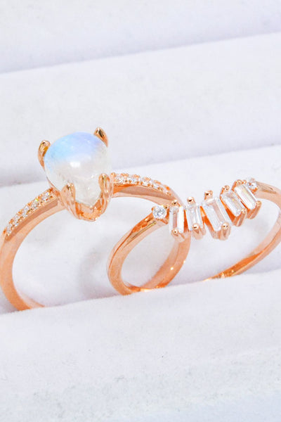 Natural Moonstone and Zircon 18K Rose Gold-Plated Two-Piece Ring Set - SHE BADDY© ONLINE WOMEN FASHION & CLOTHING STORE