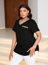 Plus Size Glitter V-Neck Short Sleeve Tee Shirt - SHE BADDY© ONLINE WOMEN FASHION & CLOTHING STORE