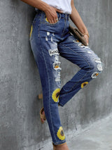 Leopard Patchwork Sunflower Print Distressed High Waist Jeans - SHE BADDY© ONLINE WOMEN FASHION & CLOTHING STORE