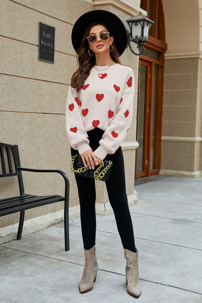 Heart Pattern Lantern Sleeve Round Neck Tunic Sweater - SHE BADDY© ONLINE WOMEN FASHION & CLOTHING STORE