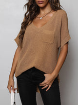 V-Neck Slit High-Low Knit Top - SHE BADDY© ONLINE WOMEN FASHION & CLOTHING STORE