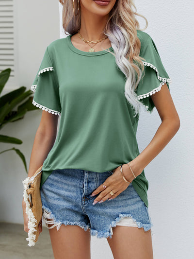 Pom-Pom Trim Flutter Sleeve Round Neck Tee - SHE BADDY© ONLINE WOMEN FASHION & CLOTHING STORE