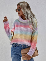 Rainbow Rib-Knit Turtleneck Drop Shoulder Sweater - SHE BADDY© ONLINE WOMEN FASHION & CLOTHING STORE