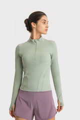 Half Zip Thumbhole Sleeve Sports Top - SHE BADDY© ONLINE WOMEN FASHION & CLOTHING STORE