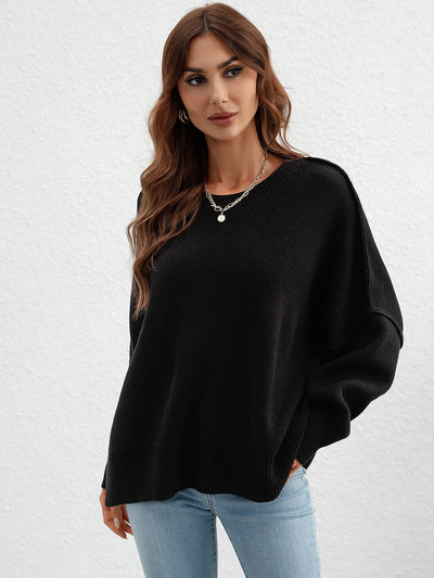 Exposed Seam Dropped Shoulder Slit Sweater - SHE BADDY© ONLINE WOMEN FASHION & CLOTHING STORE