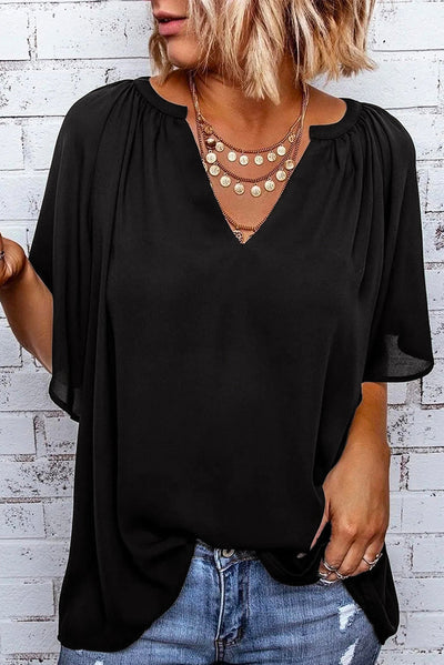 Gathered Detail Notched Neck Flutter Sleeve Top - SHE BADDY© ONLINE WOMEN FASHION & CLOTHING STORE