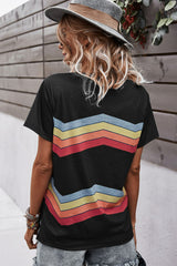 Multicolored Chevron Stripe Round Neck Side Slit T-Shirt - SHE BADDY© ONLINE WOMEN FASHION & CLOTHING STORE