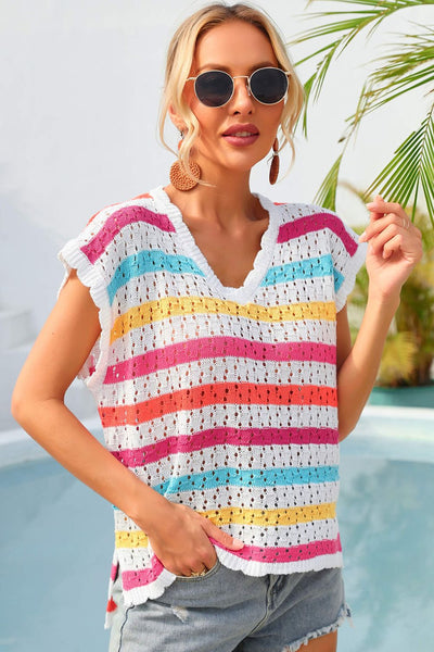 Striped V-Neck Slit Cover Up - SHE BADDY© ONLINE WOMEN FASHION & CLOTHING STORE