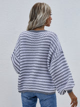 Striped Drop Shoulder V-Neck Pullover Sweater - SHE BADDY© ONLINE WOMEN FASHION & CLOTHING STORE